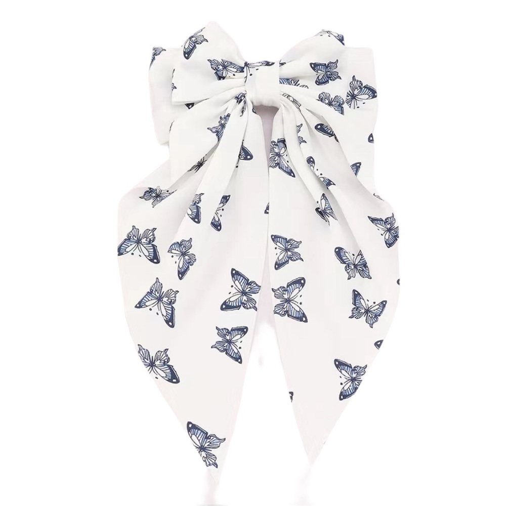 Butterfly White and Blue Satin Hair Bow Barrette